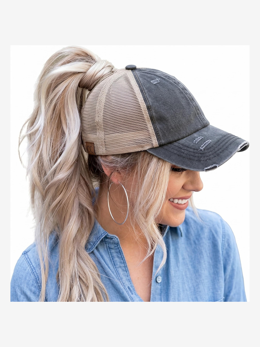 Criss Cross Ponytail Cap, Messy Bun Distressed Baseball | Tan, Gray | Size OS